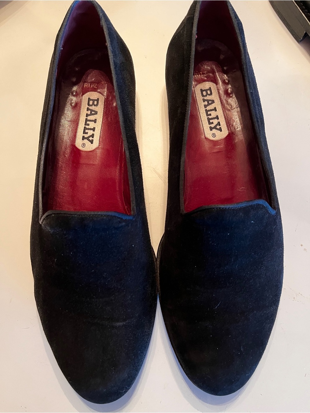 Bally Black Velvet Slip-On Loafers with Red Interior